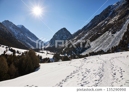 Bright sun shines over a snowy mountain valley with footprints in the foreground 135290998