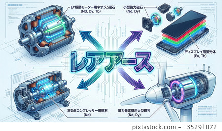 以「稀土」一詞為中心的資訊圖，涵蓋了稀土在智慧型手機、風力發電、電動車和空調等領域的應用。 135291072