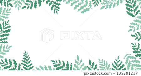 Decorative frame and border with ferns, horizontal banner element with abstract tropical leaves for branding and graphic design 135291217