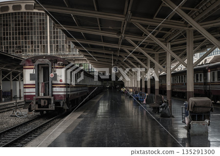 Train is parked at platform waiting for passengers in hua lamphong railway station, the main railway station of Thailand located in the center of Bangkok. 135291300