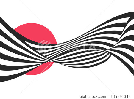Abstract black and white flowing wave lines with red circle Abstract black and white flowing wave lines with red circle 135291314