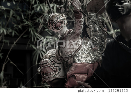 Traditional Puppet of Hanuman in Ramakien or Ramayana Story with thai puppeteers from Ramayana epic story at Baan Silapin (Artist House) in klong bang luang floating market. 135291323