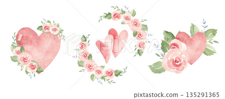 St. Valentine day or wedding compositions set with hearts and pink roses. Watercolor hand drawn illustration isolated on a white background. Romantic design elements for shirt prints, posters and 135291365