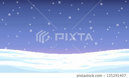 Pixelated Winter Snowscape with Falling Snowflakes Pixelated Winter Snowscape with Falling Snowflakes 135291407