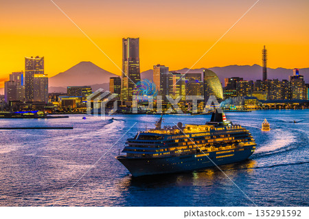 View of the Yokohama cityscape in Japan, including Asuka II, Mt. Fuji, and Yokohama Minato Mirai 135291592