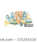 A horizontal composition of children's toys in pastel blue and yellow tones, featuring a teddy bear, a train, binoculars, a trumpet, a wrench, and pliers. Watercolor illustration on a white background 135291616