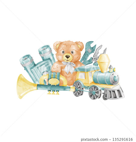 A horizontal composition of children's toys in pastel blue and yellow tones, featuring a teddy bear, a train, binoculars, a trumpet, a wrench, and pliers. Watercolor illustration on a white background 135291616