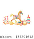 Rocking horse, pyramid, maze, ball building blocks. Children's toys in a horizontal composition. Watercolor illustration of children's toys isolated on a white background, suitable for cards, decor 135291618