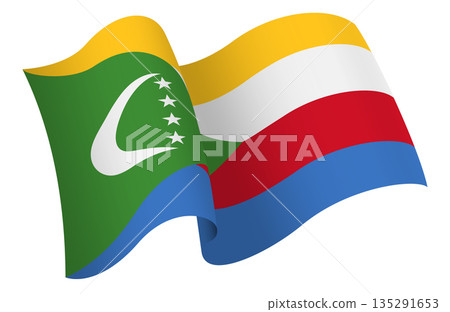 Flag of Comoros. Ribbon style flag that conveys a sense of movement and waving effect 135291653