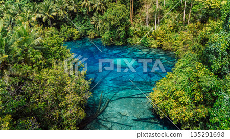 Amazing Paisu pok lake with crystal fresh water in Sulawesi, Indonesia. Aerial view 135291698