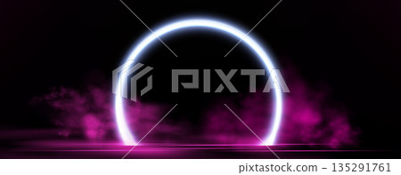 Neon ring with glowing pink and purple light effects, futuristic portal gateway, vibrant smoke and LED illumination. abstract vector frame composition. 135291761