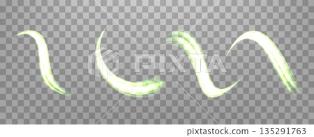 Glowing green lines set. Neon realistic energy speed. Abstract light effect on a transparent background. Vector illustration. 135291763