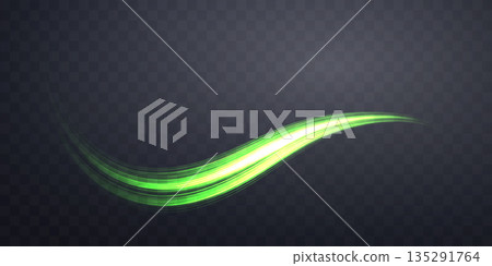 Glowing green lines. Neon realistic energy speed. Abstract light effect on a dark transparent background. Vector illustration 135291764