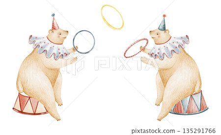Circus animals illustration with two bear characters performing juggling rings. Watercolor cartoon style for children design, nursery, invitation, card, poster. Hand painted artwork for kids projects. Circus animals illustration with two bear characters performing juggling rings. Watercolor cartoon style for children design, nursery, invitation, card, poster. Hand painted artwork for kids projects. 135291766