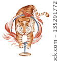 Watercolor illustration of a circus tiger jumping through fire. Cartoon animal performing in a circus show. Hand drawn clipart for children, posters, and invitations. 135291772