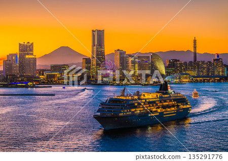 View of the Yokohama cityscape in Japan, including Asuka II, Mt. Fuji, and Yokohama Minato Mirai View of the Yokohama cityscape in Japan, including Asuka II, Mt. Fuji, and Yokohama Minato Mirai 135291776