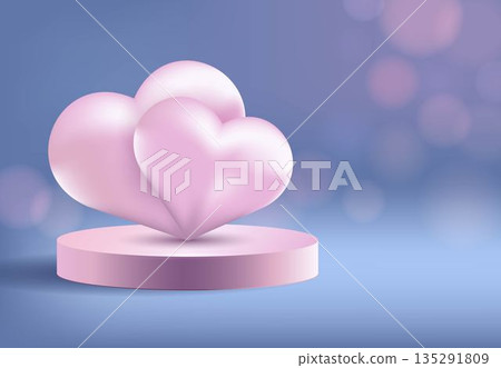 Delicate composition for Valentine's Day or Wedding Day. Two pink hearts on a round pink pedestal on a delicate lilac background with golden bokeh and copy space 135291809