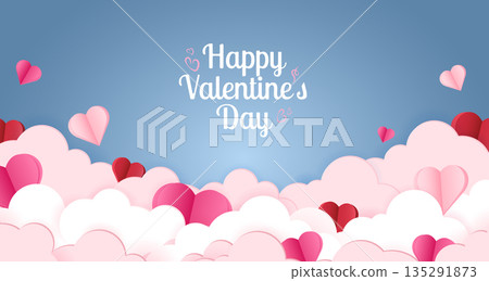 Valentine's Day banner with clouds and hearts in cut paper style. 135291873