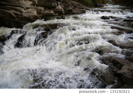 Beautiful powerful Probiy waterfall, Prut river, Yaremche city, Ukraine 135292021
