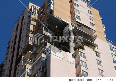 Russian missile damaged multi-storey dwelling building in Kiev city, Ukraine Russian missile damaged multi-storey dwelling building in Kiev city, Ukraine 135292033