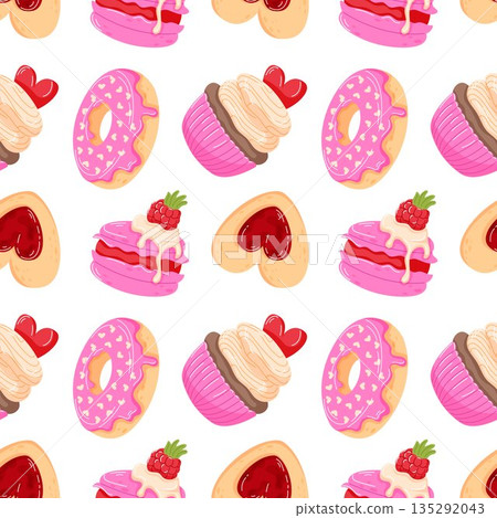 Seamless pattern with Valentine day dessert, donut, cupcake, macaron and heart shaped cookie. Perfect for gift wrapping, card, textile and romantic design on white background Seamless pattern with Valentine day dessert, donut, cupcake, macaron and heart shaped cookie. Perfect for gift wrapping, card, textile and romantic design on white background 135292043
