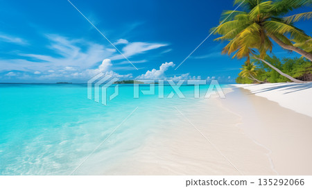 Tropical beach. Summer vacation on a tropical island with beautiful beach and palm trees. Tropical Maldives. 135292066