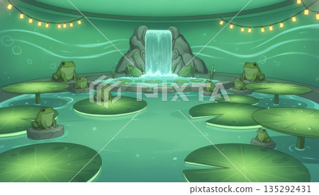 奇幻的室內設計，以青蛙為主題，配有荷葉桌和瀑布。 135292431