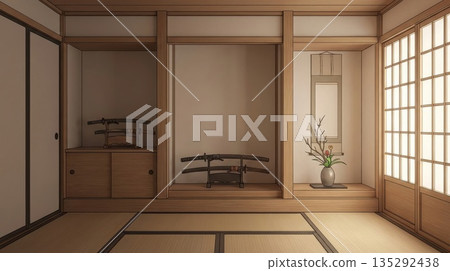 一間純正日式風格的房間，氛圍靜謐祥和，裝飾著日本刀和時令花卉。 135292438