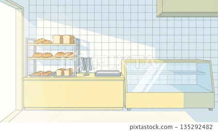 麵包店內部明亮整潔，貨架上擺滿了新鮮出爐的麵包。 135292482