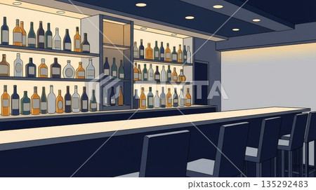 一個別緻的吧台，燈光柔和，吧台後方整齊地擺放著一排排酒瓶。 135292483