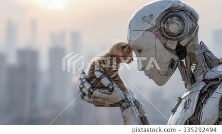 Humanoid robot holding a small kitten against the backdrop of a cityscape, concept of artificial intelligence and compassion Humanoid robot holding a small kitten against the backdrop of a cityscape, concept of artificial intelligence and compassion 135292494