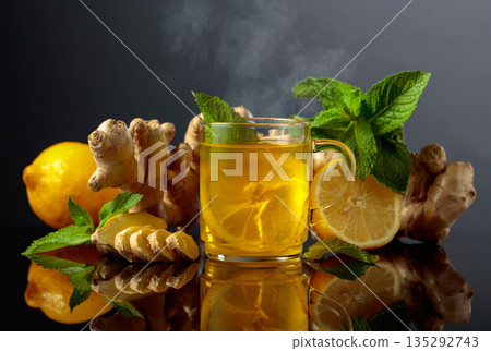 Ginger tea with lemon and mint on a black background. Ginger tea with lemon and mint on a black background. 135292743
