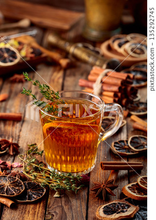 Herbal tea with thyme and dried citrus. Herbal tea with thyme and dried citrus. 135292745