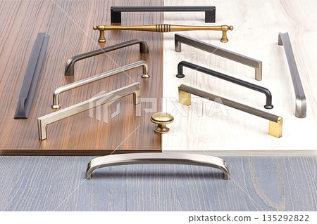Diverse collection of cabinet handles showcasing elegant designs for home improvement projects Diverse collection of cabinet handles showcasing elegant designs for home improvement projects 135292822
