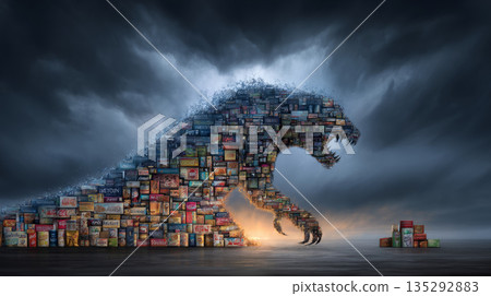 A dramatic concept showing consumerism monster made of brands. Symbol of a major environmental problem caused by urban overconsumption waste. Abstract image. 135292883
