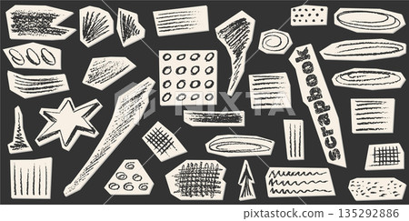 Crayon charcoal pencil hand drawing curly lines, splash, squiggles and shapes. Black elements on collage white cut paper. Grunge chalk crayon scribbles doodles textures. Rough crayon strokes. Crayon charcoal pencil hand drawing curly lines, splash, squiggles and shapes. Black elements on collage white cut paper. Grunge chalk crayon scribbles doodles textures. Rough crayon strokes. 135292886