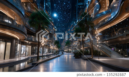 A dystopian mall with no exits. Symbol of a major environmental problem caused by urban overconsumption waste. Abstract image. A dystopian mall with no exits. Symbol of a major environmental problem caused by urban overconsumption waste. Abstract image. 135292887