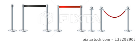 Retractable belt rack. Portable tape barrier. Red tape for fencing. Red carpet with red ropes on silver supports. Exclusive event, movie premiere, gala concert, awards ceremony. Retractable belt rack. Portable tape barrier. Red tape for fencing. Red carpet with red ropes on silver supports. Exclusive event, movie premiere, gala concert, awards ceremony. 135292905