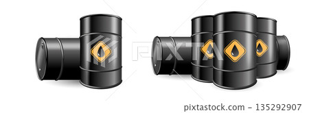 Black barrels for cruel oil or petroleum. Design Template of Packaging for Mockup. Vector Black barrels for cruel oil or petroleum. Design Template of Packaging for Mockup. Vector 135292907