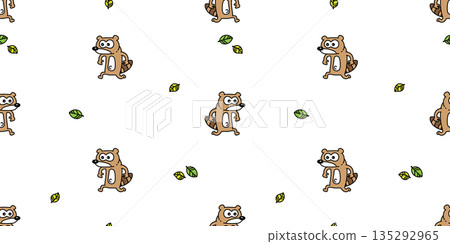 raccoon seamless pattern tanuki running cartoon doodle pet leaf leave tile background repeat wallpaper gift wrapping paper illustration 135292965