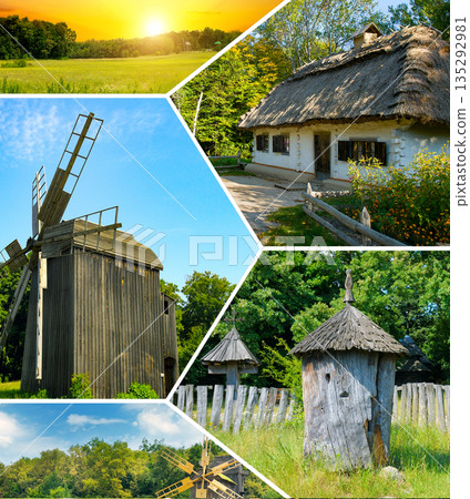 Historical Open-Air Museum Montage with Windmills and Thatched House 135292981