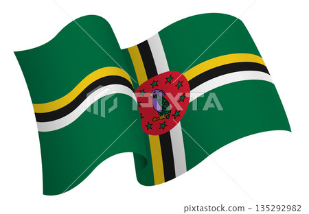 Flag of Dominica. Ribbon style flag that conveys a sense of movement and waving effect Flag of Dominica. Ribbon style flag that conveys a sense of movement and waving effect 135292982