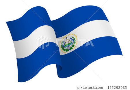 Flag of El Salvador. Ribbon style flag that conveys a sense of movement and waving effect 135292985