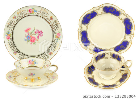 Elegant Antique China Teacups and Saucers Isolated on White 135293004