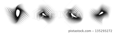 Four unique monochrome liquid shapes with halftone dot texture on a white background 135293272