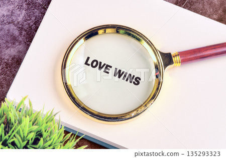 A magnifying glass is positioned over an open book, displaying the phrase LOVE WINS. A small green plant is visible near the lower left corner of the book A magnifying glass is positioned over an open book, displaying the phrase LOVE WINS. A small green plant is visible near the lower left corner of the book 135293323