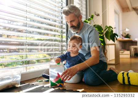 Father playing with little son with toys. Father playing with little son with toys. 135293332