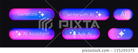 AI Assistant buttons set. Various Rewrite prompt pushbuttons in bright gradient colors. Generate artificial intelligence toggle. Machine learning text generator. Chatbot assistant. Vector 135293375