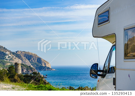 Motor home on seaside cliff, Spain 135293413