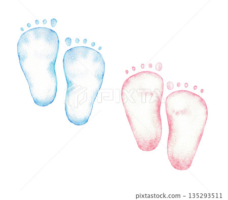 Watercolor blue and pink baby footprints. Hand drawn. For gender reveal party, baby shower, baptism, birthday, boy or girl party. Isolated illustration 135293511